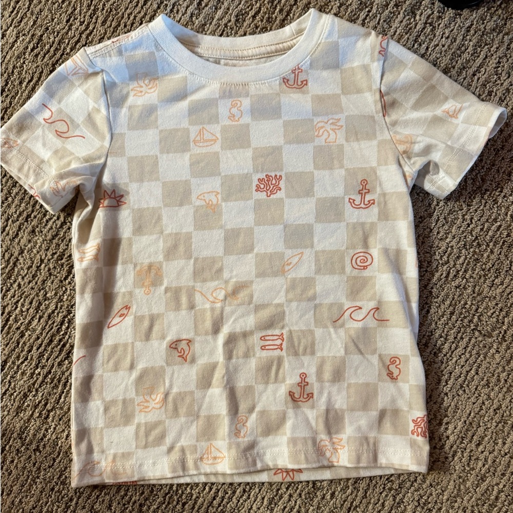 Cat & Jack Cream Checkerboard Tee with Peach Sea Icons